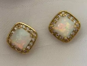 Rare Natural Fire Opals in Crystal Halo Earrings Goldtone Stud Earrings - Picture 1 of 7