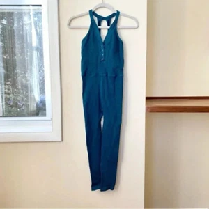 Free People Happiness Runs Henley Jumpsuit One Piece Teal Blue Sz Large - Picture 1 of 9