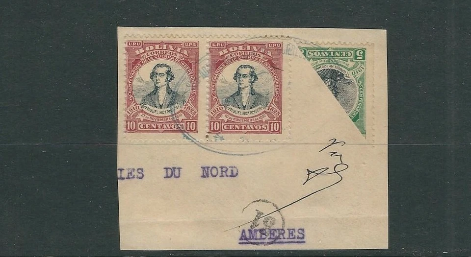 BOLIVIA 1910 WARNES BETANZOS (Scott 92 BISECT plus 2 of 93) VF USED on piece - Image 1 of 1