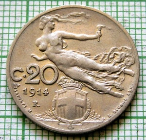 ITALY Vittorio Emanuele III 1914 R 20 CENTESIMI LIBERTY HOLDING A TORCH, NICKEL - Picture 1 of 6