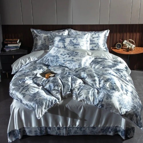 Juego de cama de seda natural con impresión de lujo juego de funda de edredón funda nórdica sábana plana Foto 1 de 4