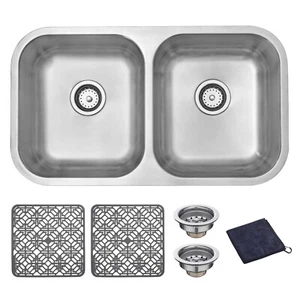DIRECTUNIT Undermount Kitchen Sink 18 Gauge Stainless Steel 2 Bowl, 32"x18.5"x9" - Picture 1 of 9
