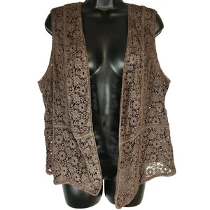 J.Jill Crochet Lace Vest Sleeveless Open Front Brown Boho Chic Size L - Picture 1 of 6