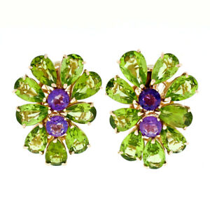 Large 14K Rose Gold Pear Green Peridot & Amethyst Happy Colorful Cluster Earring