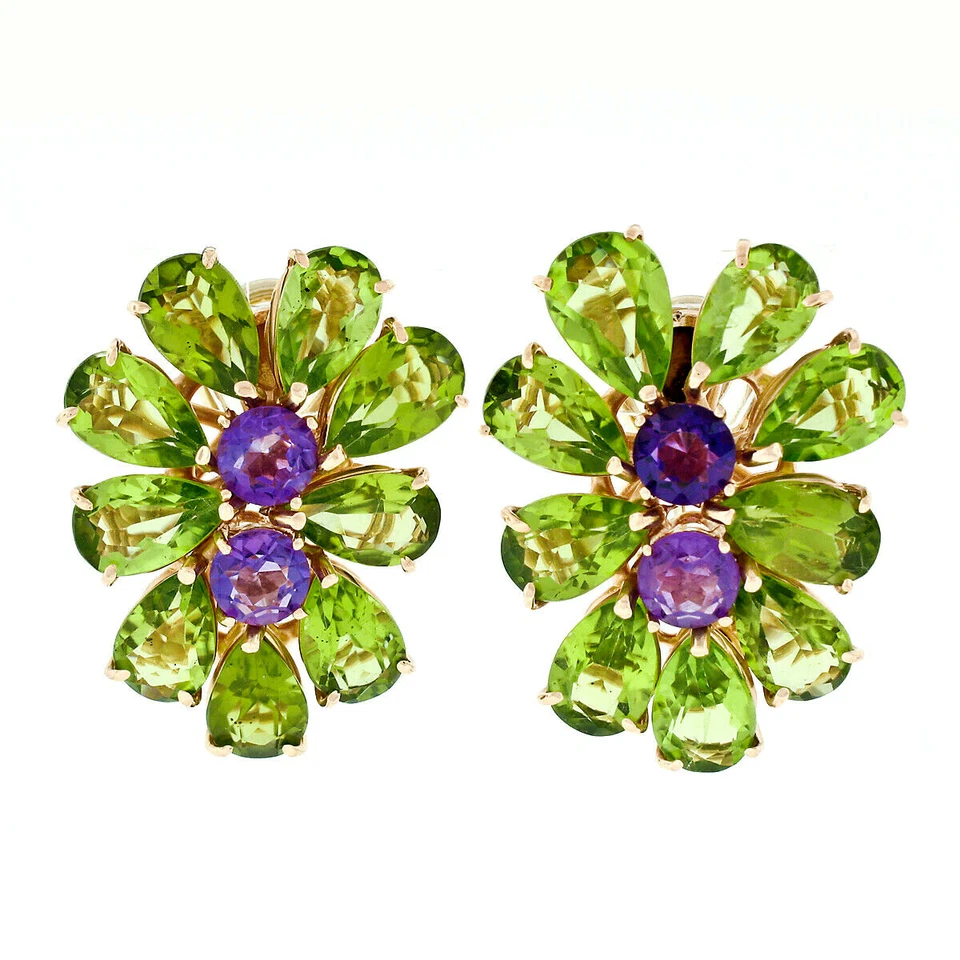 Large Rose Gold Pear Green Peridot & Amethyst Happy Colorful Cluster Earring - Image 1 of 4