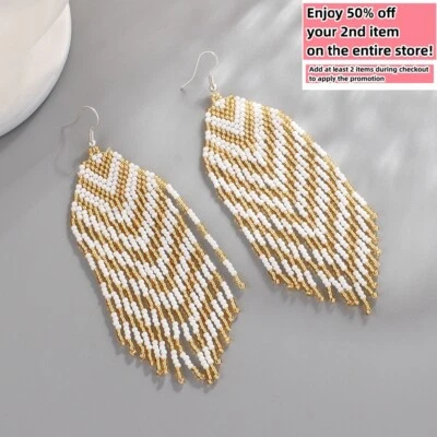 BOHO Seeds Beaded Earrings Fringe Tassel Bohemian Dangle Drop Handmade Jewelry - Image 1 of 4