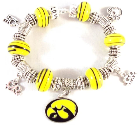 GLASS BEADS NCAA Licensed University of IOWA HAWKEYES Charm Silver Bracelet CHIC Cover