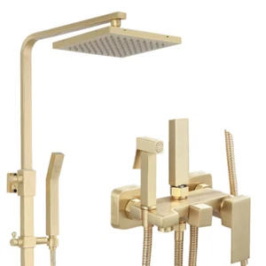 Set rubinetto doccia bagno testa pioggia salvamano miscelatore rubinetto unità oro spazzolato - Foto 1 di 6