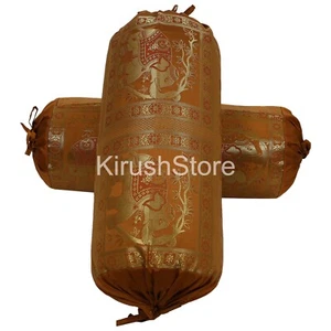 Silk Bolster Cover Room Decor Elephant Yellow Woven Zari Brocade Banarasi Silk - Picture 1 of 4