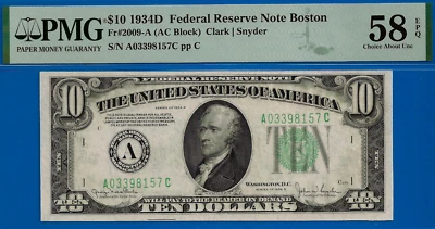1934D $10 Federal Reserve Note PMG 58EPQ popular wanted Boston Fr 2009-A - Image 1 of 2