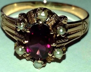 Solid Yellow Gold Ring 10 K Red Stone Oval Shape And 6 Small Pears Size 8.75 - Bild 1 von 9