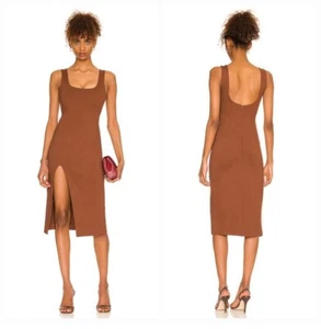 NWT NBD Thom Midi Dress Stretch Square Neck Cognac Revolve Slit Midi Size M Slim - Picture 1 of 13
