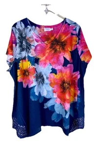 Time & Tru Size 2X Colorful Floral Print Beaded Short Sleeve Top 20W 24W - Picture 1 of 7