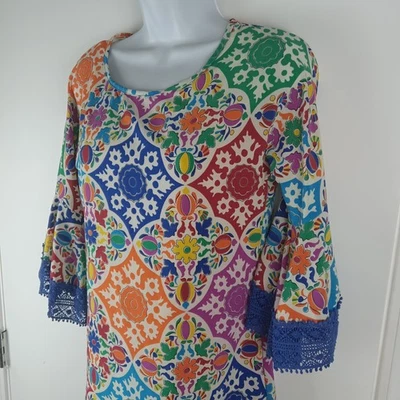 Vestido Judith March Feminino Pequeno Multicolorido Manga de Sino Acabamento de Renda Azul Boho EUA - Imagem 1 de 4