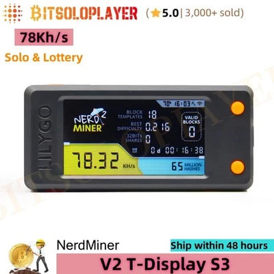 BITSOLOPLAYER NerdMiner V2 T-Display S3 BTC Solo Miner 78Kh/s Bitcoin Mining Lotto Machine