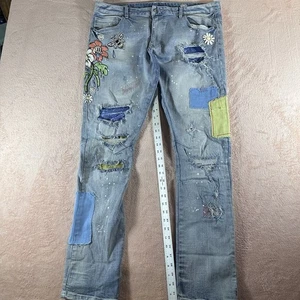 Smoke Rise Herren 40x34 Patchwork Blume Biene Distressed Streetwear Kunst Denim Jeans - Bild 1 von 10