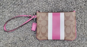 Coach PVC Khaki Magenta Pink Vermillion Stripe Small Wristlet - Picture 1 of 15