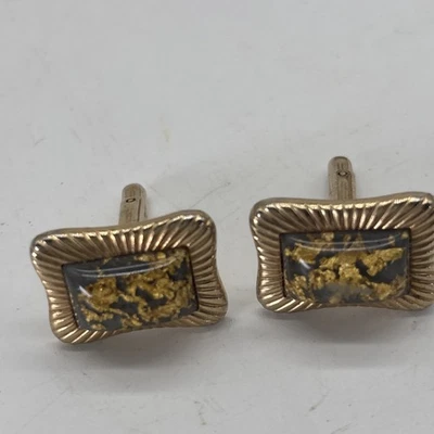 Vintage Hickock USA Signed Lucite Gold Foil Flake Cufflinks Formal Nugget - Image 1 of 4