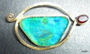 Vintage Artisan 925 Sterling Silver Chrysocolla & Garnet Brooch Pin Stylized Eye - Picture 1 of 2