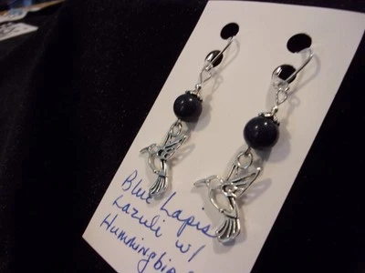 925 Natural Blue Lapis Lazuli w/ Silver Hummingbirds Leverback Earrings - Image 1 of 4