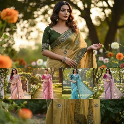 Blusa India Bollywood Suave Seda Sari Boda Fiesta Ropa Sari Con Puntada Completa Foto 1 de 4