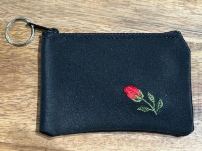 Black Travel Keychain Case Pouch Red Embroidered Rose Bud Green NWOT New Zipper - Image 1 of 4