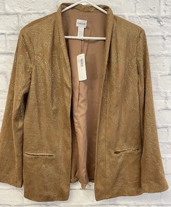 NEW Chicos faux suede blazer Size 2 women large embellished beige gold jacket - Picture 1 of 8