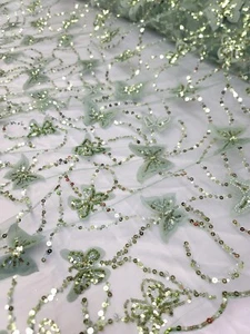 3D Butterfly Design Lace Sage Embroidered Sequins Fabric Sold By Yard For Dress - Picture 1 of 13