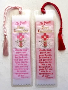 ERSTKOMMUNION GEWEBTES LESEZEICHEN rosa rot SEIDENQUASTE - Bild 1 von 14