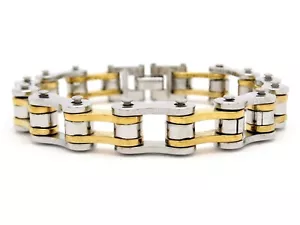 Stainless steel and yellow gold polished bike chain bracelet for men - Picture 1 of 5
