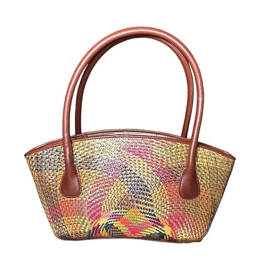 Le Sac Vintage Woven Shoulder Patchwork Hand Bag Structured Top Handle Satchel - Image 1 of 4