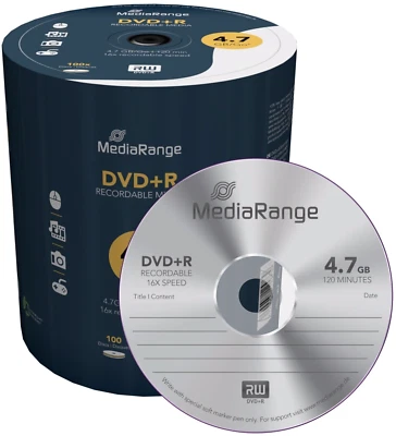 100 MediaRange DVD+R 4,7Gb 16x Shrink gelabelt 100er Pack - Bild 1 von 3