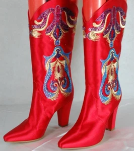 35/5❤️CASADEI RED SATIN LEATHER  BLUE CRYSTAL  KNEE HIGH HEEL BOOTS MADE ITALY - Picture 1 of 12