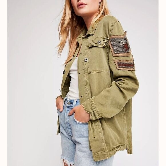 Beaded Military Shirt Jacket Green 