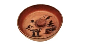Pipe Ashtray Ash Tray Wood Round Inscribed Asian Symbols Center Knob Vintage - Picture 1 of 5