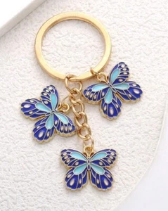 Butterfly Keyring Blue Gold Charm Nature Animal Keychain Bag Keepsake Bling Gift - Picture 1 of 4