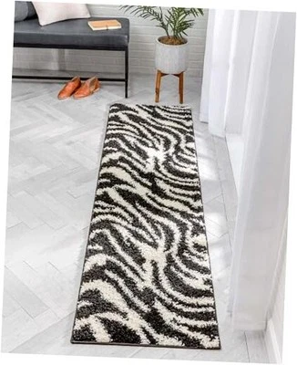  Madison Shag Safari Zebra Black Animal Print Area Rug 2'3" x 7'3" Runner  - Image 1 of 4