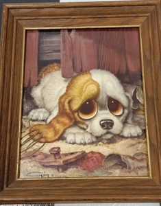 Vintage Retro Wood Framed Big Eyes P-228 Gig Pity Puppy 1960s Art Print 12x10 - Picture 1 of 7