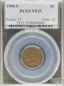 1908-S Indian Cent VF25 PCGS (#PA90030981) - Picture 1 of 2