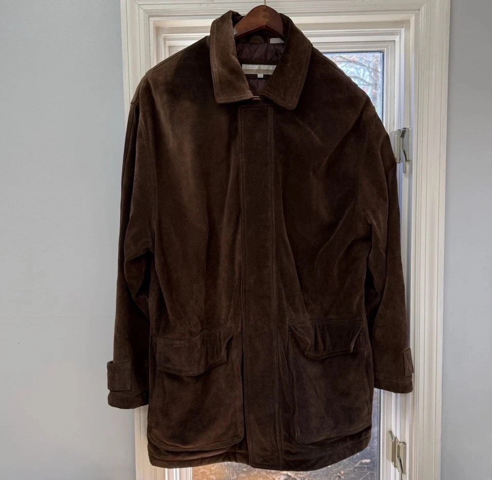 Perry Ellis Jacket Large Mens Brown 100% Genuine Suede Leather Heavy Coat Winter - Image 1 of 4