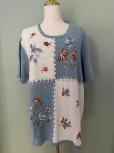 VTG Salon Studio Floral Embroidered Sweater Granny Cottage Womens 3XL Blue White - Picture 1 of 10