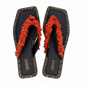 Coral Beaded Bridal Slippers, Handmade Black Square-Toe Sole Bride Footwear, 41 - Picture 1 of 4