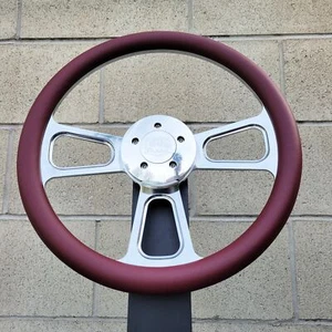 16 Inch Chrome Semi Truck Steering Wheel with Burgundy Vinyl Grip - 5 Hole - Picture 1 of 6