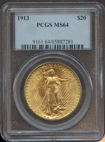 1913 $20 Gold Saint Gaudens Gold Double Eagle MS 64 PCGS, Better Date! Cover