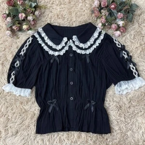 Lady Lolita Top Blouse Shirt Short Sleeve Bowknot Lace Trim Ruffle Princess Chic - Picture 1 of 20