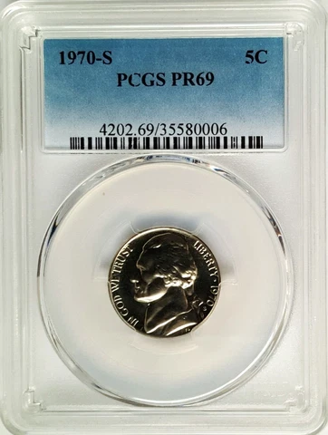 1970-S Proof Jefferson Nickle (5C) PCGS PR69-Fading Blue Label Cover