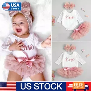 Infant Baby Girls 1st Birthday Dress Outfits Clothes Romper Skirt Headband Set - Picture 1 of 12