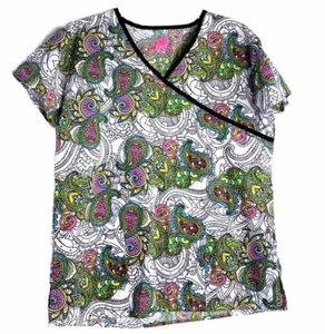 I LOVE SCRUBS MULTI COLOR DESIGN SCRUB TOP Neon Bright V Neck Pockets S - Picture 1 of 9
