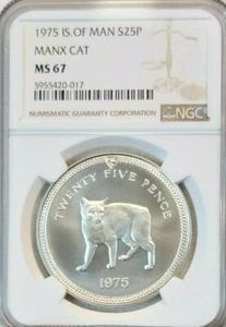 1975 ISLE OF MAN SILVER 25 PENCE MANX CAT NGC MS 67 EXTREMELY RARE TOP POP 1 - Picture 1 of 4