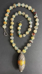 Vintage Turquoise Agate Necklace Bali Silver Faux Copal Pendant Heavy Boho 29" - Picture 1 of 7